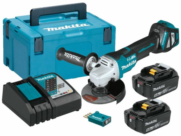 Makita DGA518RTJU 18V Li-Ion Accu AWS Haakse Slijper Set (2x 5.0Ah Accu) In Mbox - 125mm - Koolborstelloos