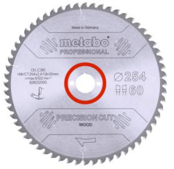 Metabo 628222000 Precision Cut Cirkelzaagblad - 254 X 30 X 60T - Hout / MDF / Spaanplaat / Compositiematerialen