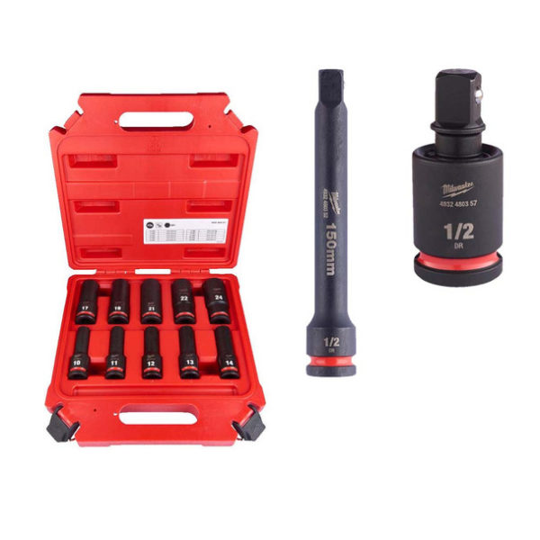 Milwaukee Kracht Doppen Set 1/2"Vierkant Lang +cardangewricht + Verlengstuk