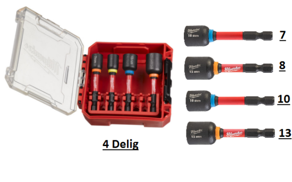 Milwaukee Slagvaste Doppen Set 1/4 ShockwaveØ 7 / 8 / 10 / 13 Mm